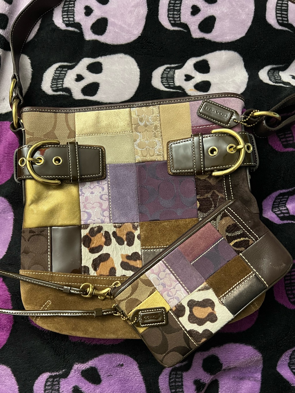 Coach Multicolor Patchwork Leather & Suede Shoulder Bag With Matching Wristlet